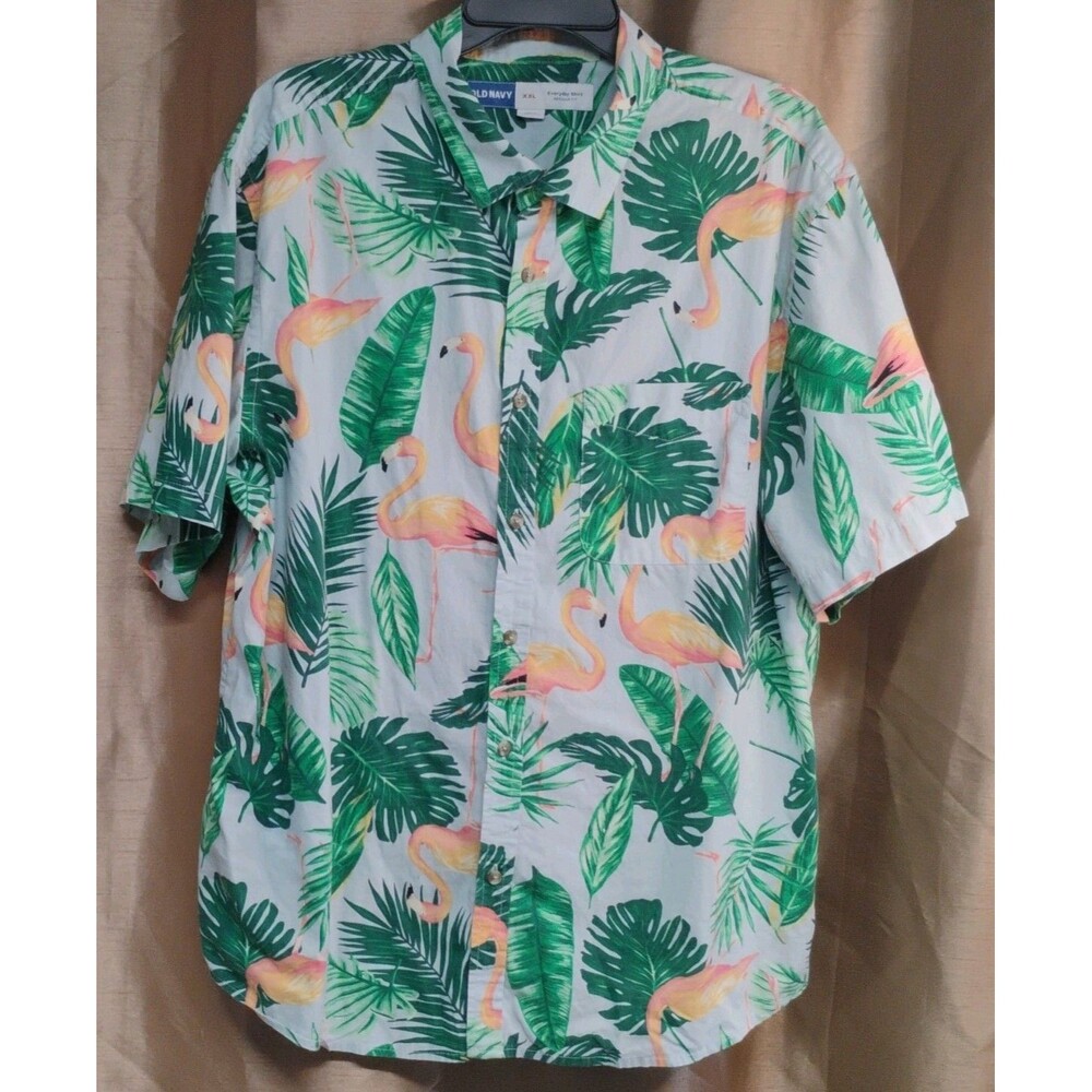 Old Navy  Beachy Hawaiian Shirt Regular Fit Flamingo Leaf Print cotton mens XXL